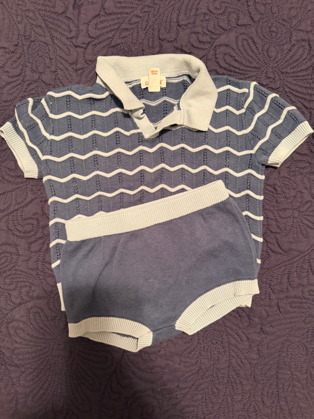 Cat & Jack Blue and Cream Striped Knit Polo & Shorts Set